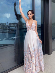 A-Line/Elegant Applique Tulle V-neck Sleeveless Floor-Length Prom Evening Dresses