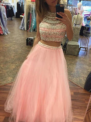 A-Line/Elegant Halter Sleeveless Tulle Floor-Length Beading Two Piece Prom Evening Dresses