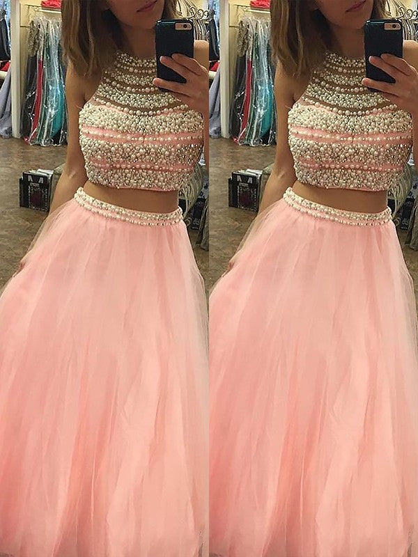 A-Line/Elegant Halter Sleeveless Tulle Floor-Length Beading Two Piece Prom Evening Dresses