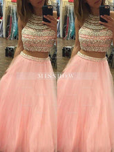 A-Line/Elegant Halter Sleeveless Tulle Floor-Length Beading Two Piece Prom Evening Dresses