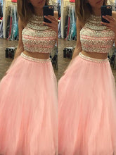 A-Line/Elegant Halter Sleeveless Tulle Floor-Length Beading Two Piece Prom Evening Dresses