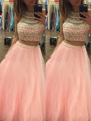 A-Line/Elegant Halter Sleeveless Tulle Floor-Length Beading Two Piece Prom Evening Dresses