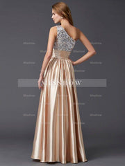 A-Line/Elegant One-Shoulder Sleeveless Paillette Long Elastic Woven Satin Prom Evening Dresses