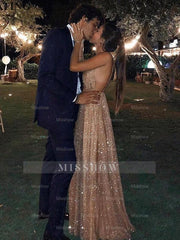 A-Line/Elegant Paillette Tulle V-neck Floor-Length Sleeveless Prom Evening Dresses