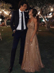 A-Line/Elegant Paillette Tulle V-neck Floor-Length Sleeveless Prom Evening Dresses