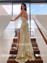A-Line/Elegant Ruched Sequins Sleeveless Halter Prom Evening Dresses