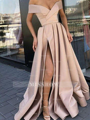 A-Line/Elegant Satin Ruffles Off-the-Shoulder Sleeveless Prom Evening Dresses