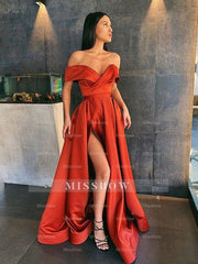 A-Line/Elegant Satin Ruffles Off-the-Shoulder Sleeveless Prom Evening Dresses
