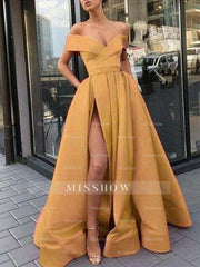 A-Line/Elegant Satin Ruffles Off-the-Shoulder Sleeveless Prom Evening Dresses