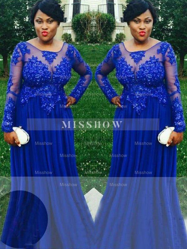 A-Line/Elegant Sheer Neck Long Sleeves Applique Floor-Length Chiffon Plus Size Prom Evening Dresses