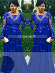 A-Line/Elegant Sheer Neck Long Sleeves Applique Floor-Length Chiffon Plus Size Prom Evening Dresses