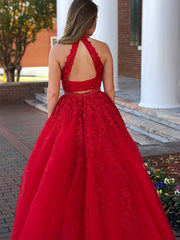 A-Line/Elegant Sleeveless Halter Beading Tulle Floor-Length Two Piece Prom Evening Dresses