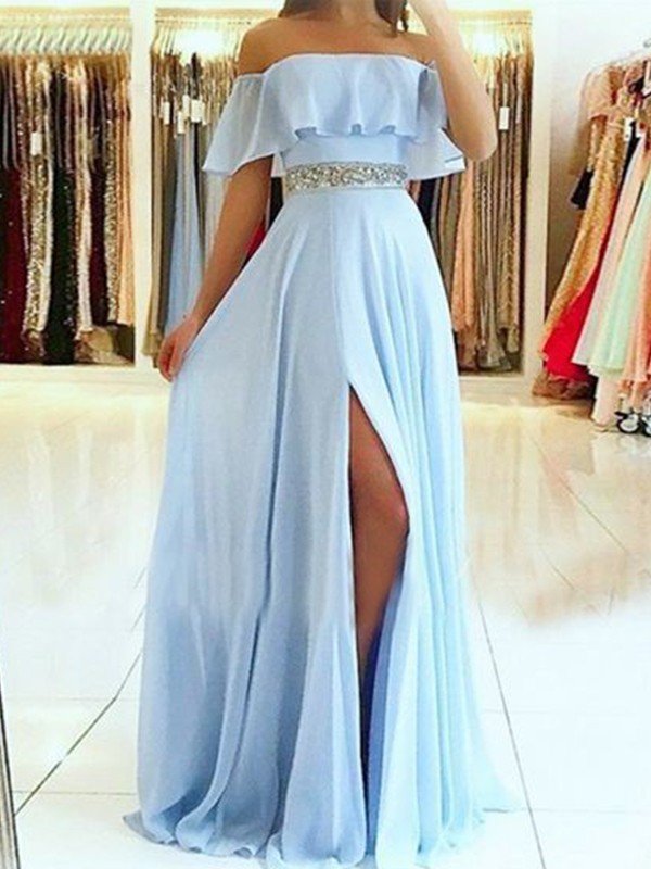 A-Line/Elegant Sleeveless Off-the-Shoulder Floor-Length Beading Chiffon Prom Evening Dresses