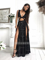 A-Line/Elegant Sleeveless V-neck Floor-Length Ruffles Sequins Prom Evening Dresses