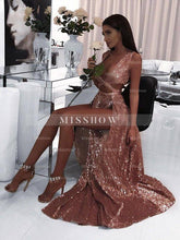 A-Line/Elegant Sleeveless V-neck Floor-Length Ruffles Sequins Prom Evening Dresses