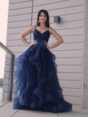 A-Line/Elegant Tulle Layers V-neck Sleeveless Floor-Length Prom Evening Dresses