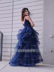 A-Line/Elegant Tulle Layers V-neck Sleeveless Floor-Length Prom Evening Dresses