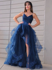 A-Line/Elegant Tulle Layers V-neck Sleeveless Floor-Length Prom Evening Dresses