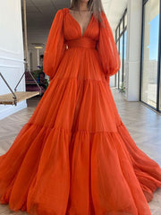 A-Line/Elegant V-neck Long Sleeves 3D Chiffon Ruffles Prom Evening Dresses