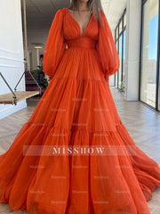 A-Line/Elegant V-neck Long Sleeves 3D Chiffon Ruffles Prom Evening Dresses