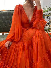 A-Line/Elegant V-neck Long Sleeves 3D Chiffon Ruffles Prom Evening Dresses