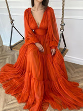 A-Line/Elegant V-neck Long Sleeves 3D Chiffon Ruffles Prom Evening Dresses