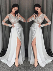 A-Line/Elegant V-neck Long Sleeves Lace Chiffon Prom Evening Dresses