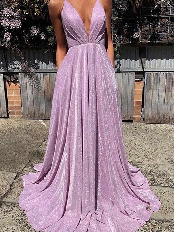 A-Line/Elegant V-neck Ruffles Sleeveless Prom Evening Dresses