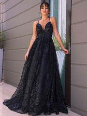 A-Line/Elegant V-neck Sequins Sleeveless Sequin Prom Evening Dresses