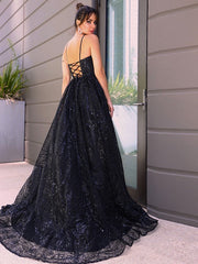 A-Line/Elegant V-neck Sequins Sleeveless Sequin Prom Evening Dresses
