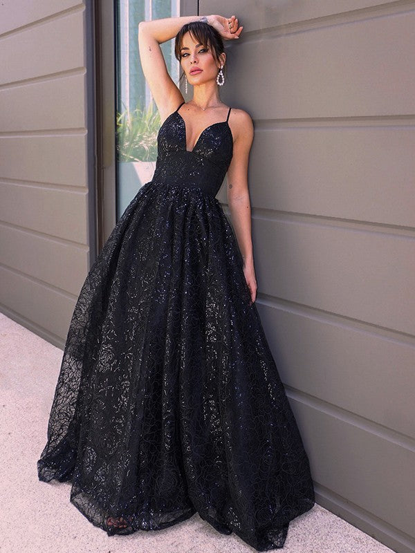 A-Line/Elegant V-neck Sequins Sleeveless Sequin Prom Evening Dresses