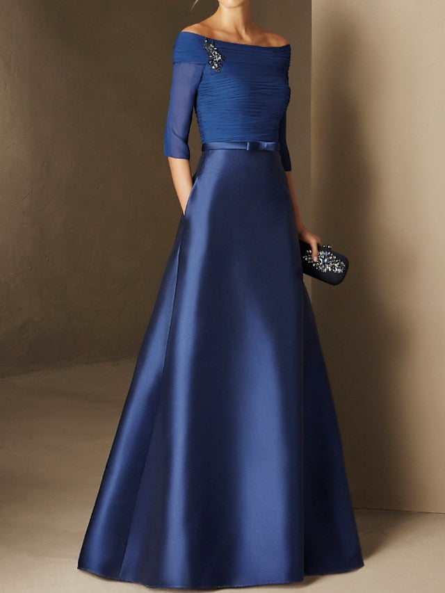 A Line Princess Off The Shoulder Short Sleeves Mother Of The Bride Dresses With Belt Applique
