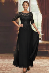 A-Line/Princess Chiffon Scoop Half Sleeves Mother of the Bride Dresses Lace Ankle-Length