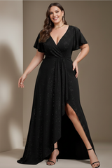 A-Line/Princess Deep V-Neck Short Sleeves Asymmetrical Plus Size Mother Of The Bride Dresses with Ruffles