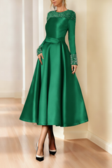 A-Line/Princess Long Sleeves Jewel Neck Mother of the Bride Dresses with Beading Tea-Length