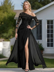 A-Line/Princess One-Shoulder Long Sleeves Floor Length Mother of the Bride Dresses with High Split