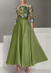 A-Line/Princess Satin Scoop Mother of the Bride Dresses 3/4 Sleeves Ankle-Length Floral Sequins