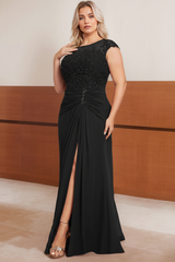 A-Line/Princess Scoop Cap sleeves Floor-Length Plus Size Mother of the Bride Dresses with Beading, Pleated & Sequins