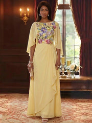 A-Line/Princess Scoop Chiffon Mother of the Bride Dresses Lace Floral Floor-Length Cape Sleeves