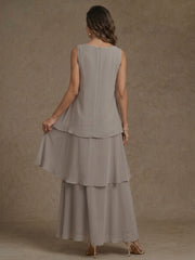 A-Line/Princess Scoop Chiffon Mother of the Bride Dresses with Jacket & Ruffles Long Sleeves Ankle-Length