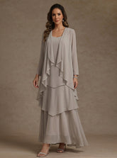 A-Line/Princess Scoop Chiffon Mother of the Bride Dresses with Jacket & Ruffles Long Sleeves Ankle-Length