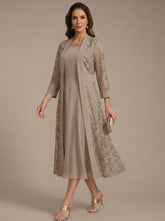 A-Line/Princess Scoop Chiffon Mother of the Bride Dresses with Lace Jacket 3/4 Sleeves Tea-Length