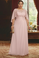 A-Line/Princess Scoop Chiffon Plus Size Mother of the Bride Dresses Lace Half Sleeves Floor-Length