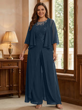 A-Line/Princess Scoop Floor-Length Plus Size Mother of the Bride Jumpsuits with Jacket, Split Side & Appliques