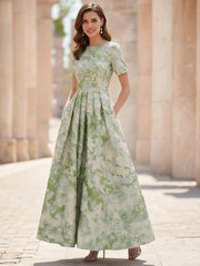 A-Line/Princess Scoop Jacquard Mother of the Bride Dresses Ankle-Length Short Sleeves Pleats