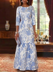 A-Line/Princess Scoop Jacquard Mother of the Bride Dresses Floral Floor-Length 3/4 Sleeves Ruffles