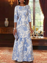A-Line/Princess Scoop Jacquard Mother of the Bride Dresses Floral Floor-Length 3/4 Sleeves Ruffles
