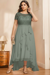 A-Line/Princess Scoop Neck Short Sleeves Asymmetrical Unique Plus Size Mother of the Bride Dresses with Bow, Ruffles & Sequins