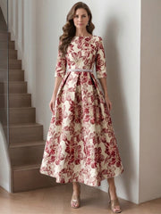 A-Line/Princess Scoop Printed Satin Mother of the Bride Dresses Half Sleeves Floral Tea-Length Sash