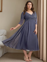 A Line/Princess V-Neck 3/4 Sleeves Tea-Length Plus Size Mother of the Bride Dresses